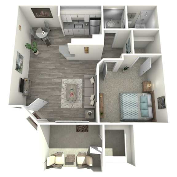 A 3D floor plan of a small apartment with a living room, kitchen, and bedroom.