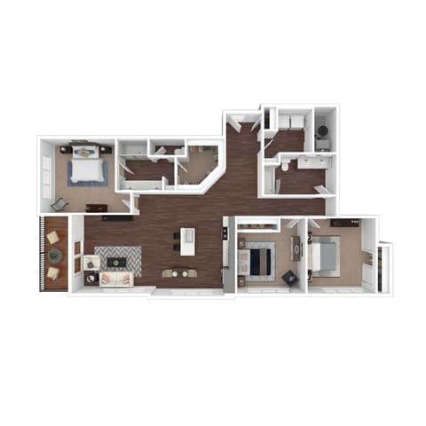 A floor plan of a two-story residential building with a kitchen, living room, and bedrooms.