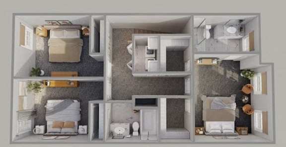 A 3D rendered image of a modern apartment layout.