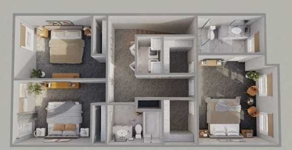 A 3D rendered image of a modern apartment layout.