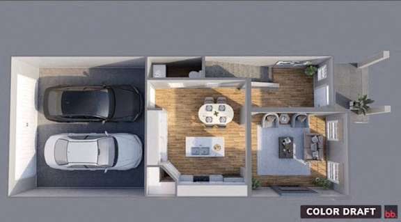 A top-down view of a house layout with a living room, kitchen, and two bedrooms.