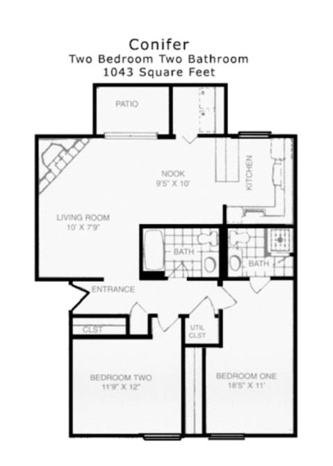 A black and white floor plan of a conifer home with two bedrooms, a living room, a kitchen, a bathroom, and a patio.
