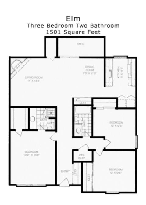 A black and white image of a three bedroom, two bathroom, 1501 square feet floor plan.
