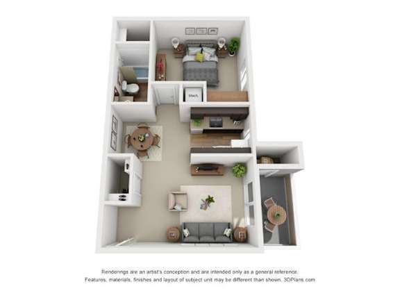 A 3D floor plan of a small apartment with a kitchen, living room, and bathroom.