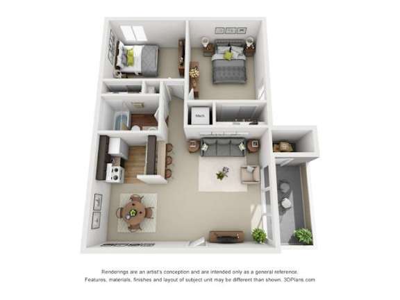 A 3D floor plan of a house with a kitchen, living room, and two bedrooms.