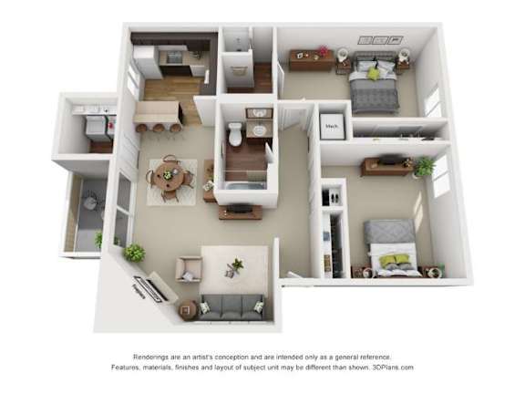 A 3D floor plan of a house with a kitchen, living room, and bedrooms.