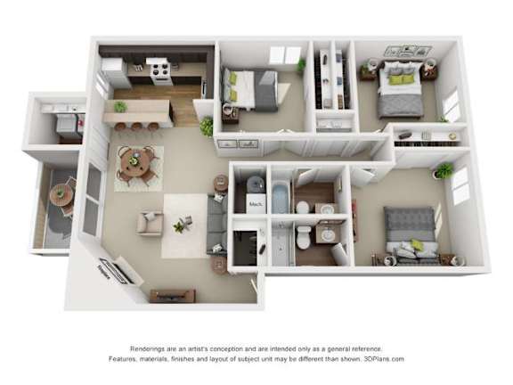 A 3D floor plan of a house with a kitchen, living room, and bedrooms.