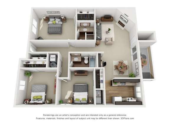 A 3D floor plan of a house with a kitchen, living room, and two bedrooms.