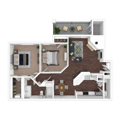 A 3D floor plan of a house with a kitchen, living room, dining room, and bathroom.