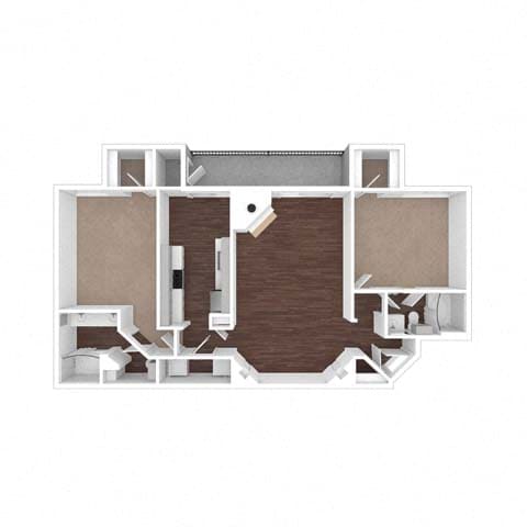 A floor plan of a house with a kitchen, living room, and two bedrooms.