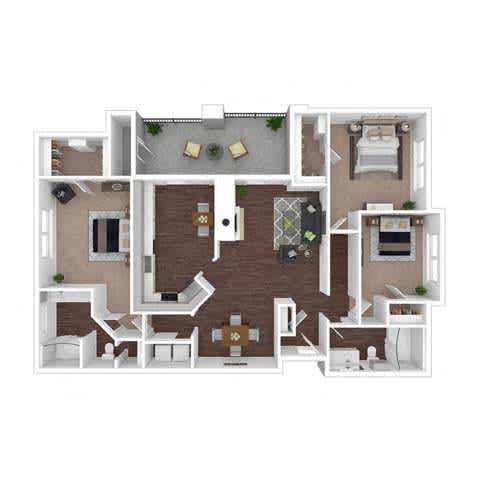 A 3D floor plan of a house with a kitchen, living room, dining room, and bedrooms.