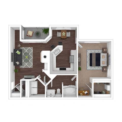 A 3D floor plan of a house with a kitchen, living room, and bathroom.