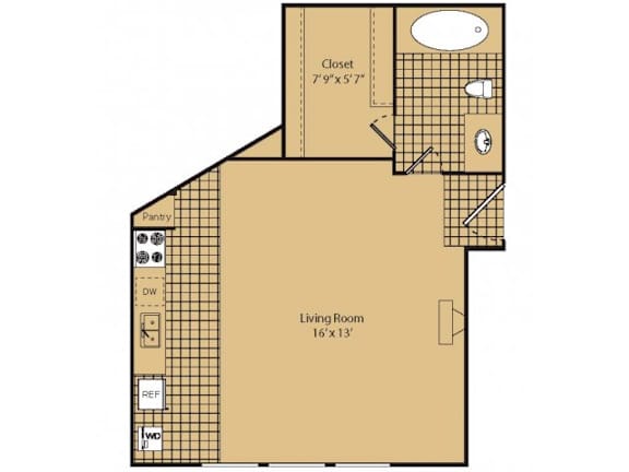 A floor plan of a house with a living room, pantry, and closet.