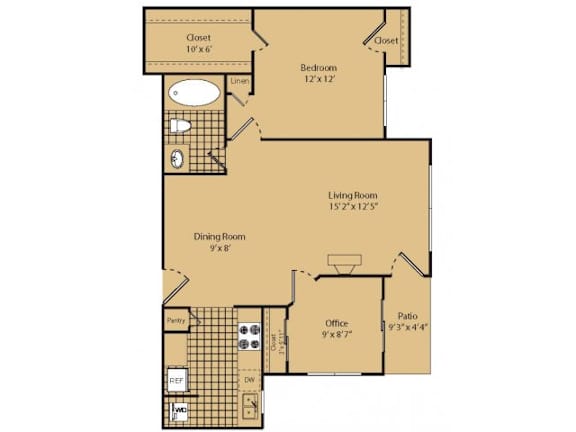 A floor plan of a house with a living room, dining room, bedroom, patio, and office.