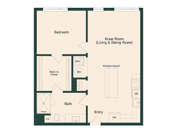 A floor plan of a house with a bedroom, bathroom, walk-in closet, and a great room that includes a kitchen island.