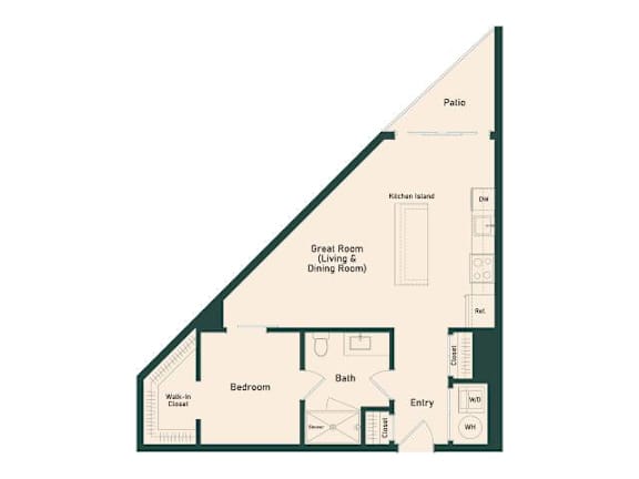 A floor plan of a house with a patio, kitchen island, great room, and bath.