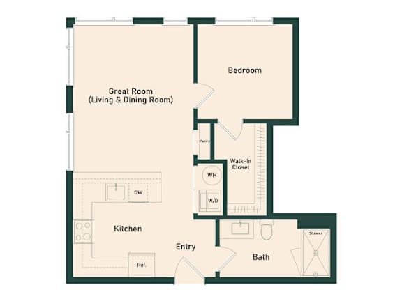 A floor plan of a house with a kitchen, bathroom, and bedroom.