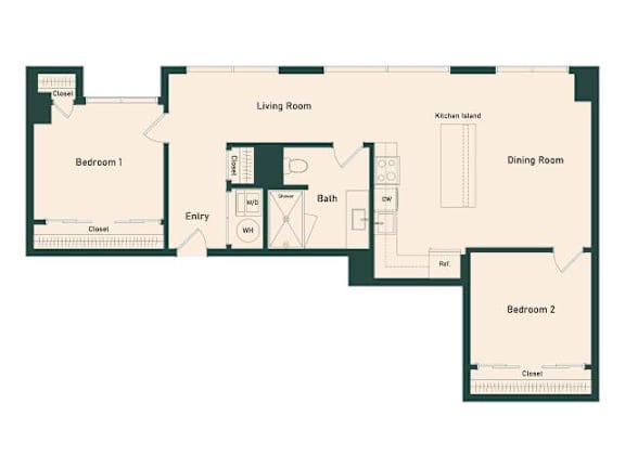 A floor plan of a house with two bedrooms, a living room, a dining room, a kitchen, an entry way, a bath, and a closet.
