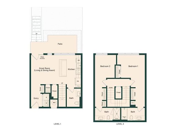 A floor plan of a two-story house with a living and dining room on the first floor and a bedroom and bathroom on the second floor.