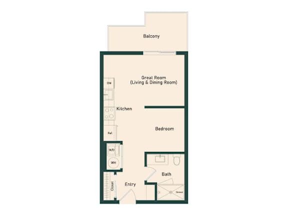 A floor plan of a small apartment with a balcony, living and dining room, kitchen, bedroom, bathroom, and entry.