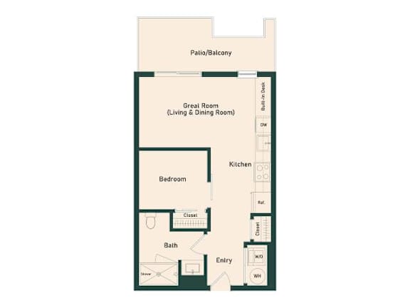 A floor plan of a house with a living room, bedroom, bathroom, and kitchen.