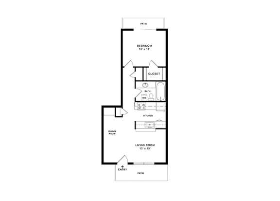 A floor plan of a house with a bedroom, bathroom, kitchen, living room and entry way.