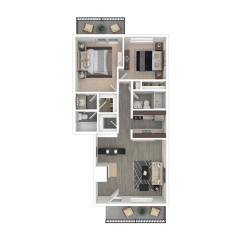A floor plan of a small apartment with a kitchen, living room, and two bedrooms.