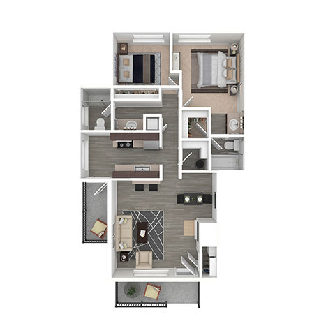 A floor plan of a house with a kitchen, living room, and two bedrooms.