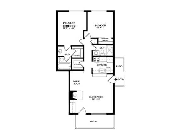 A floor plan of a house with a primary bedroom, a bath, a kitchen, a dining room, a living room, and a patio.