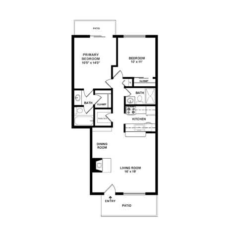 A black and white floor plan of a two-bedroom apartment.