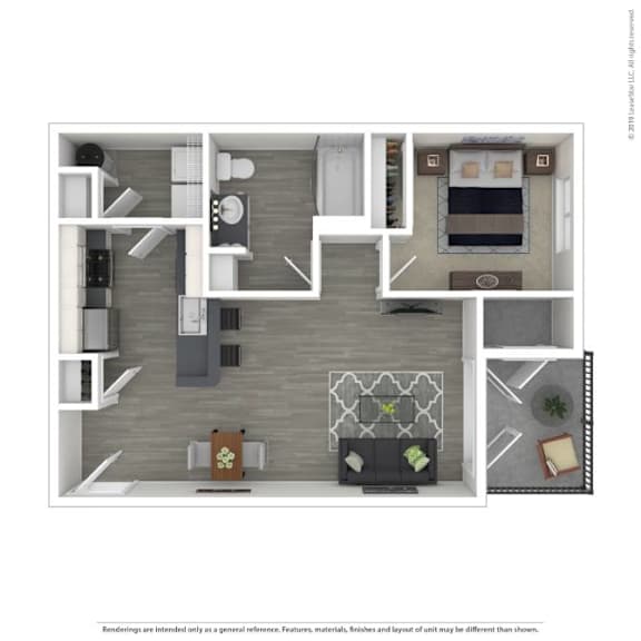 A 3D rendered image of a modern apartment layout.
