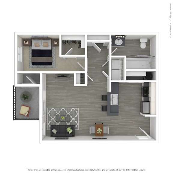 A floor plan of a small apartment with a kitchen, living room, and bathroom.