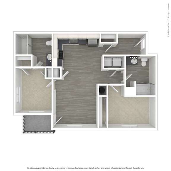 A floor plan of a house with a kitchen, living room, and two bedrooms.