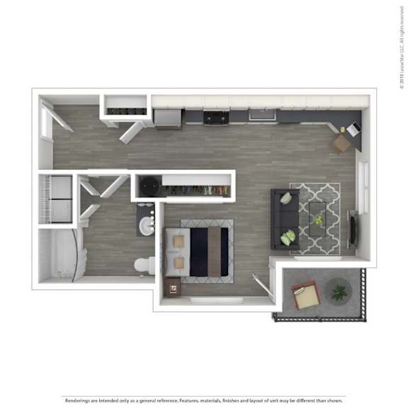 A floor plan of a modern apartment with a kitchen, living room, and bathroom.