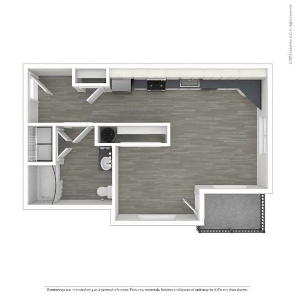 A floor plan of a small apartment with a kitchen, living room, and bathroom.