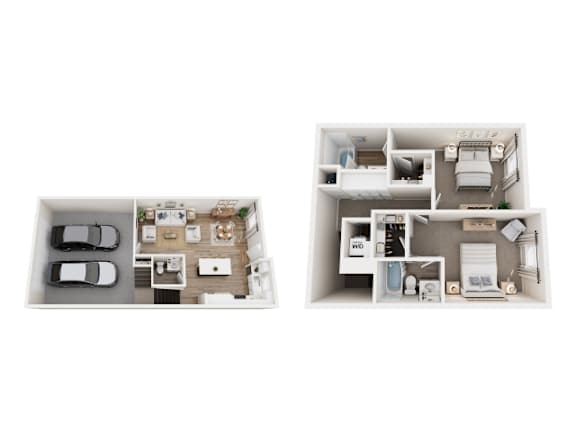A top down view of a small apartment with a bedroom and a living room.