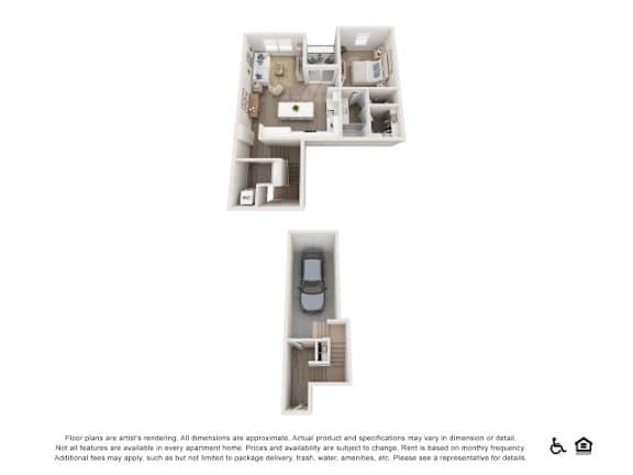 A floor plan of a small apartment with a kitchen, living room, and bathroom.