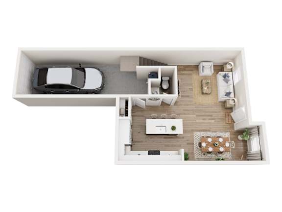 A top-down view of a modern apartment with a kitchen, living room, and a car parked in the garage.