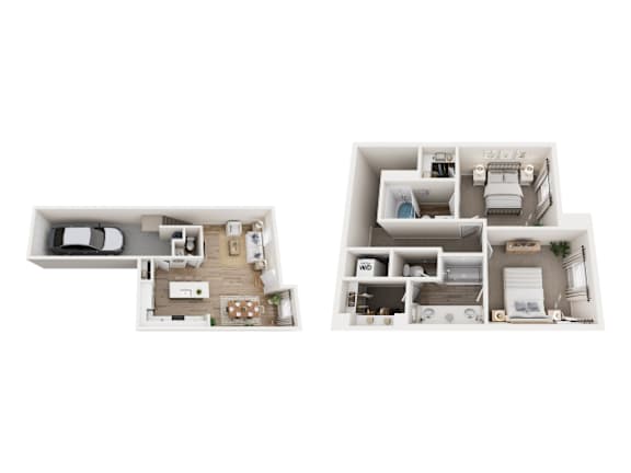 A floor plan of a two-bedroom apartment with a living room, kitchen, and bathroom.