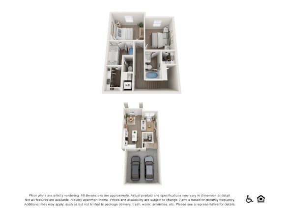 A floor plan of a two-bedroom apartment with a kitchen and bathroom.