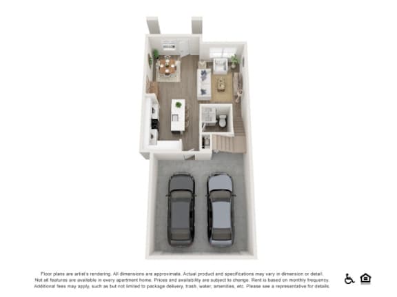 A floor plan of a small apartment with a kitchen, living room, and two bedrooms.