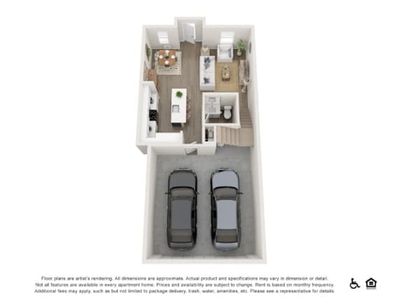 A floor plan of a small apartment with a kitchen, living room, and two bedrooms.