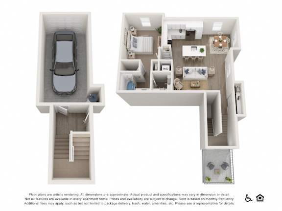 A floor plan of a house with a car parked in the garage.