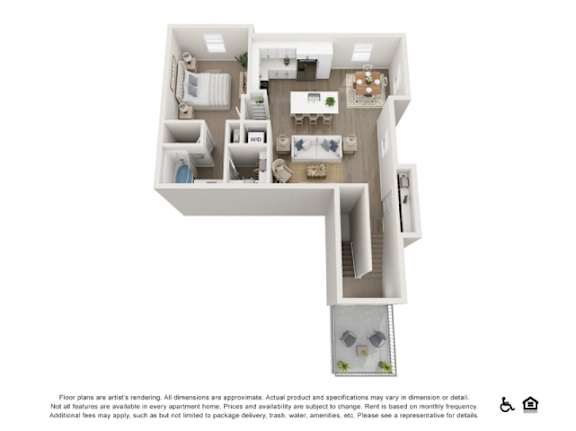 A 3D floor plan of a small apartment with a kitchen, living room, and bathroom.