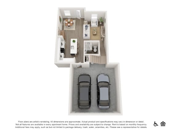 A floor plan of an apartment with two bedrooms, a living room, a kitchen, and a garage for two cars.