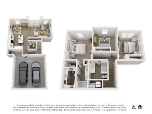 Two floor plans of a house with a kitchen, living room, and bedrooms.