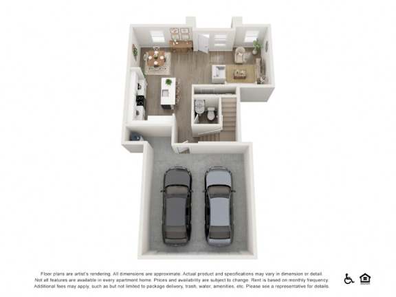 A floor plan of a house with two cars parked in the garage.