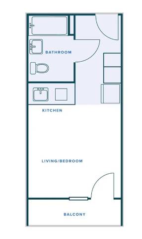 A floor plan of a house with a bathroom, kitchen, living/bedroom, and balcony.