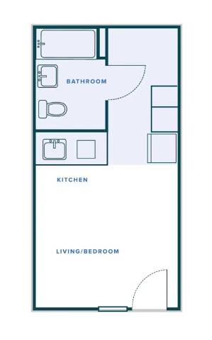 A floor plan of a small apartment with a living/bedroom area, a kitchen, and a bathroom.