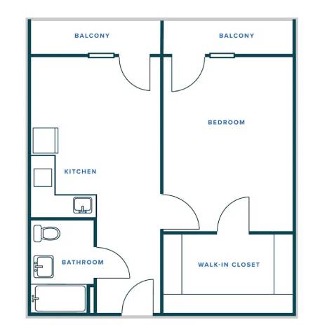A floor plan of a house with two balconies, a kitchen, a bathroom, a bedroom, and a walk-in closet.